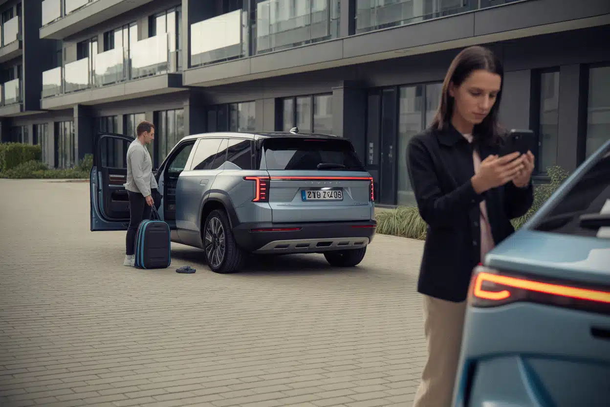 Grand SUV familial premium en recharge devant une résidence contemporaine