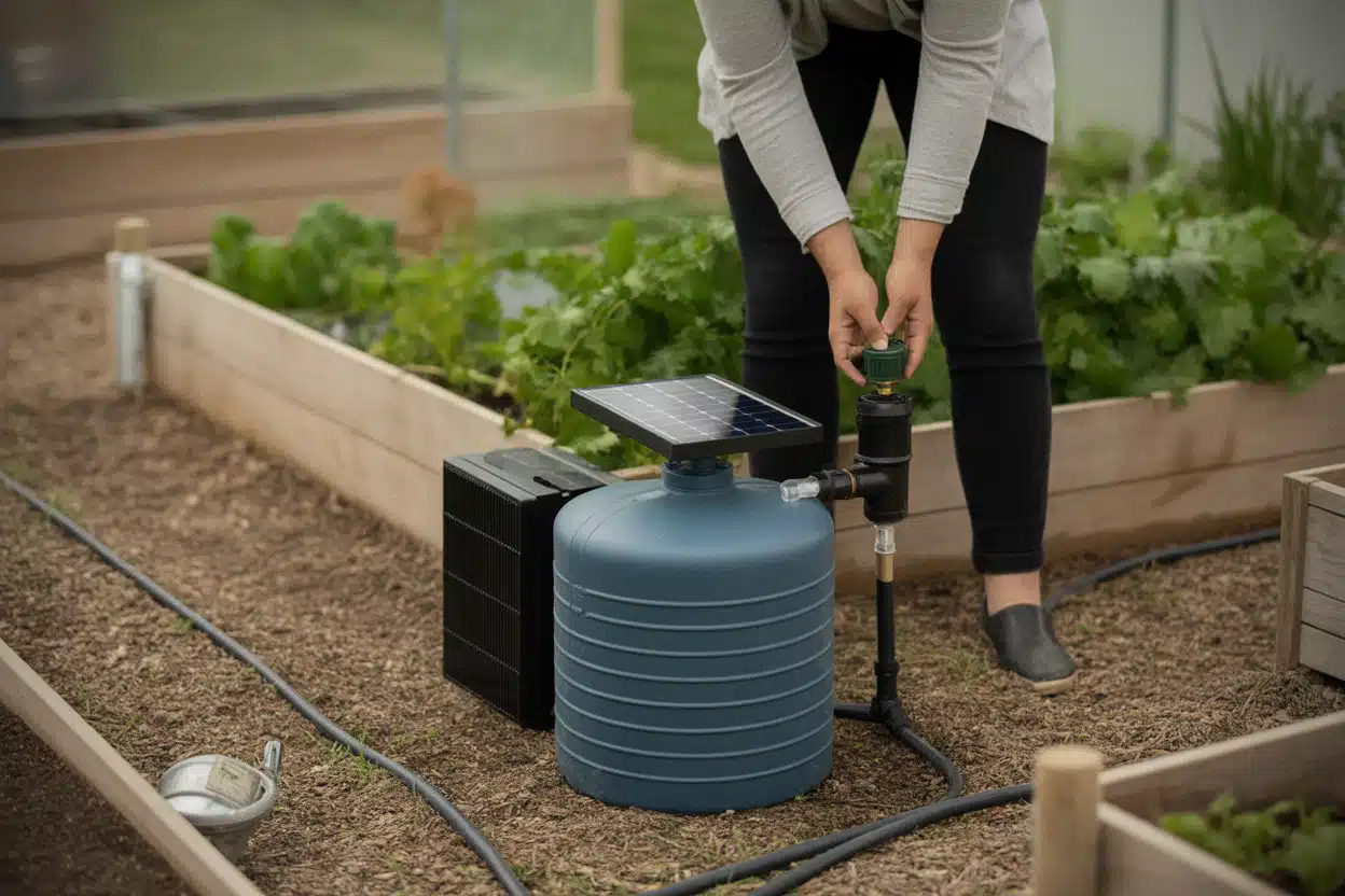 Pompe solaire reliée à une cuve pour irriguer un potager