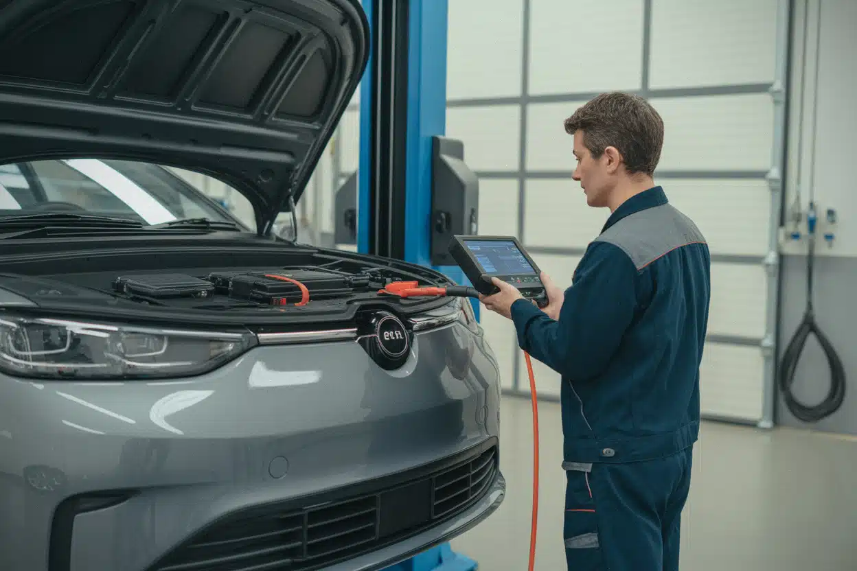 Technicien contrôlant la batterie d'une voiture électrique d'occasion
