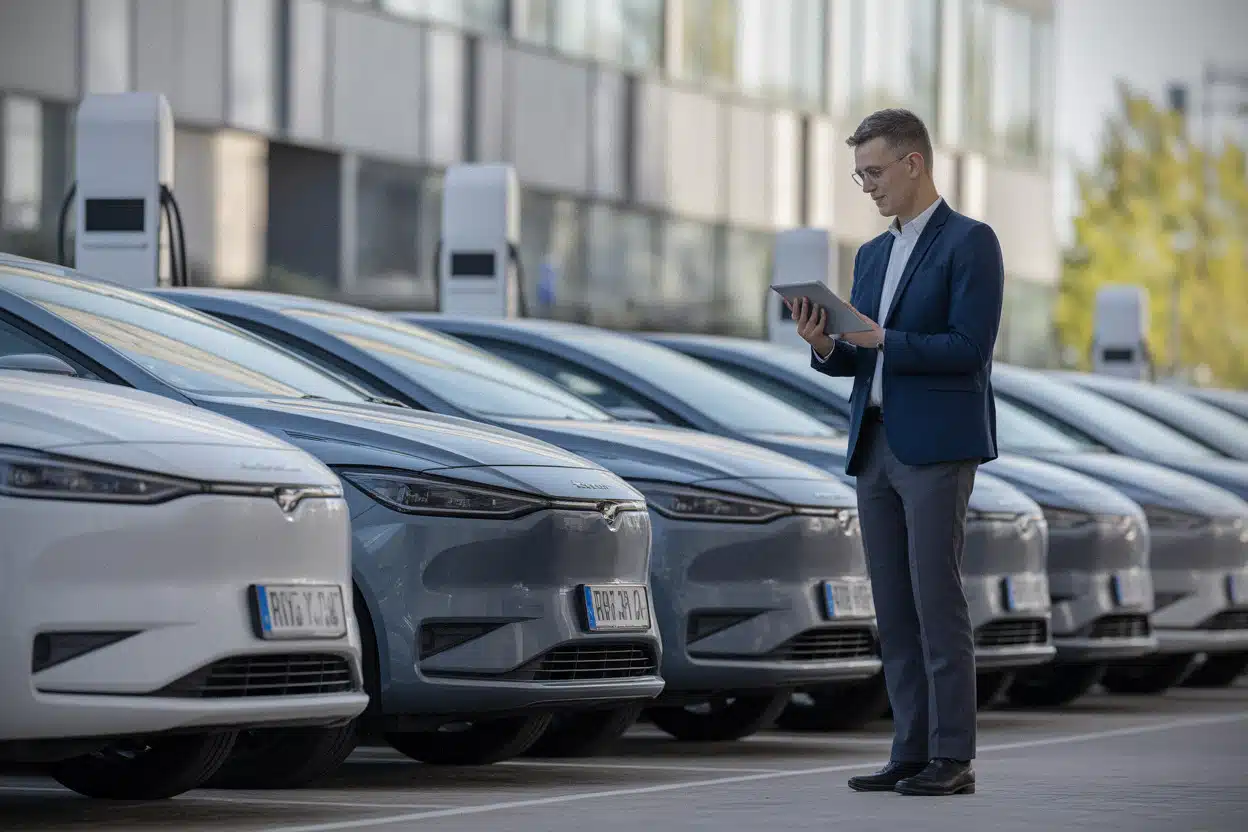 Gestionnaire de flotte examinant des voitures électriques récentes d’occasion