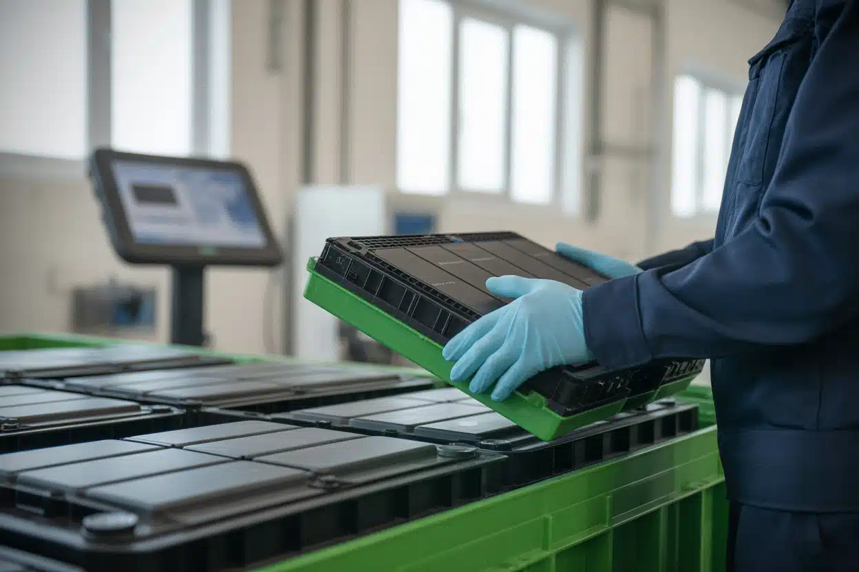 Batterie de voiture électrique inspectée dans une filière de recyclage