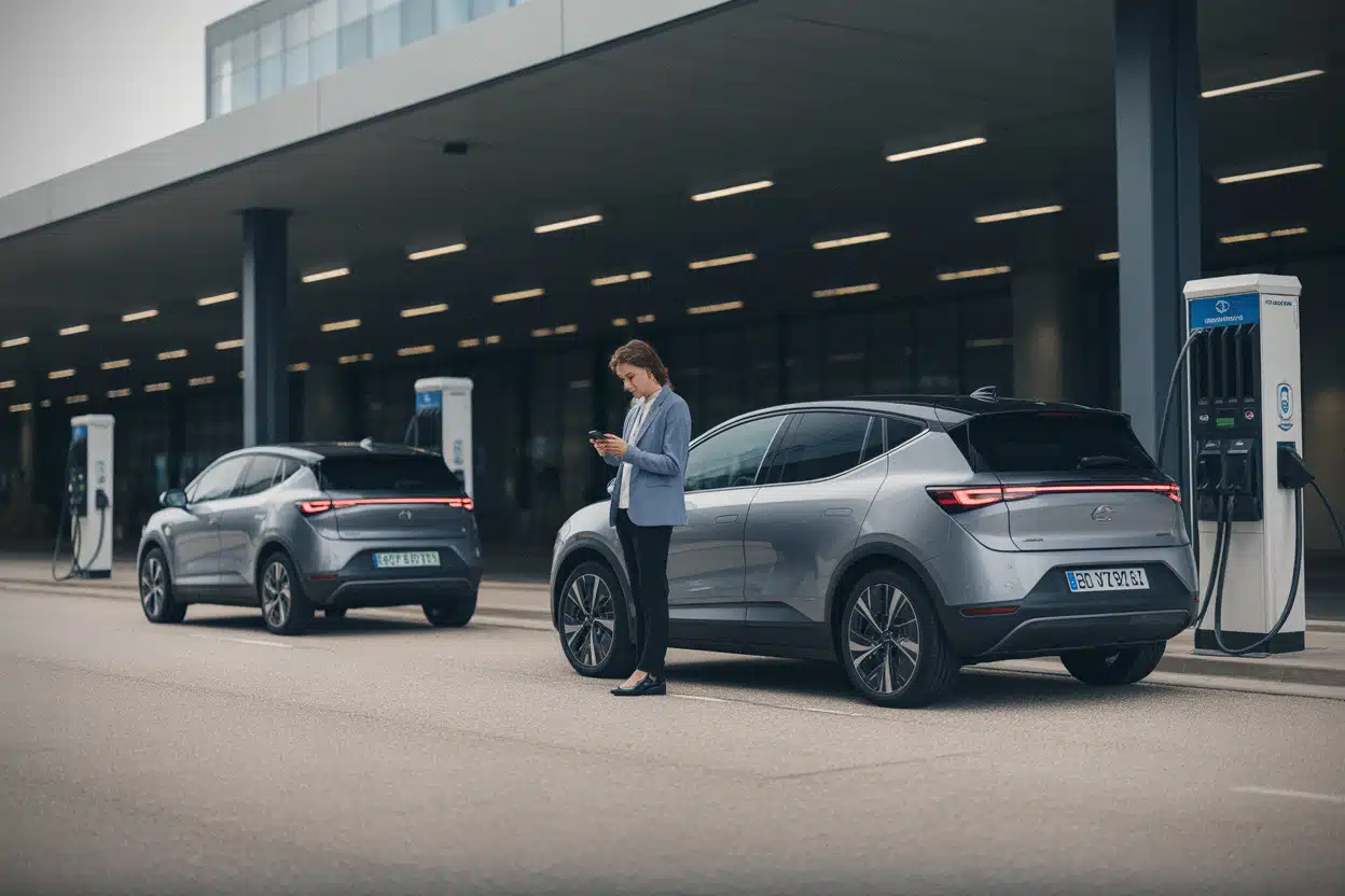SUV électriques premium comparés sur une aire de recharge rapide