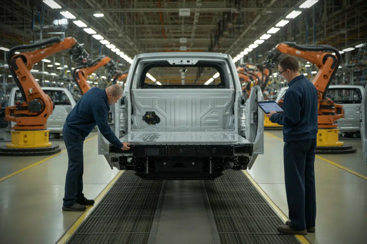 Chaîne de production Ford avec pick-up F-150 hybride à Dearborn