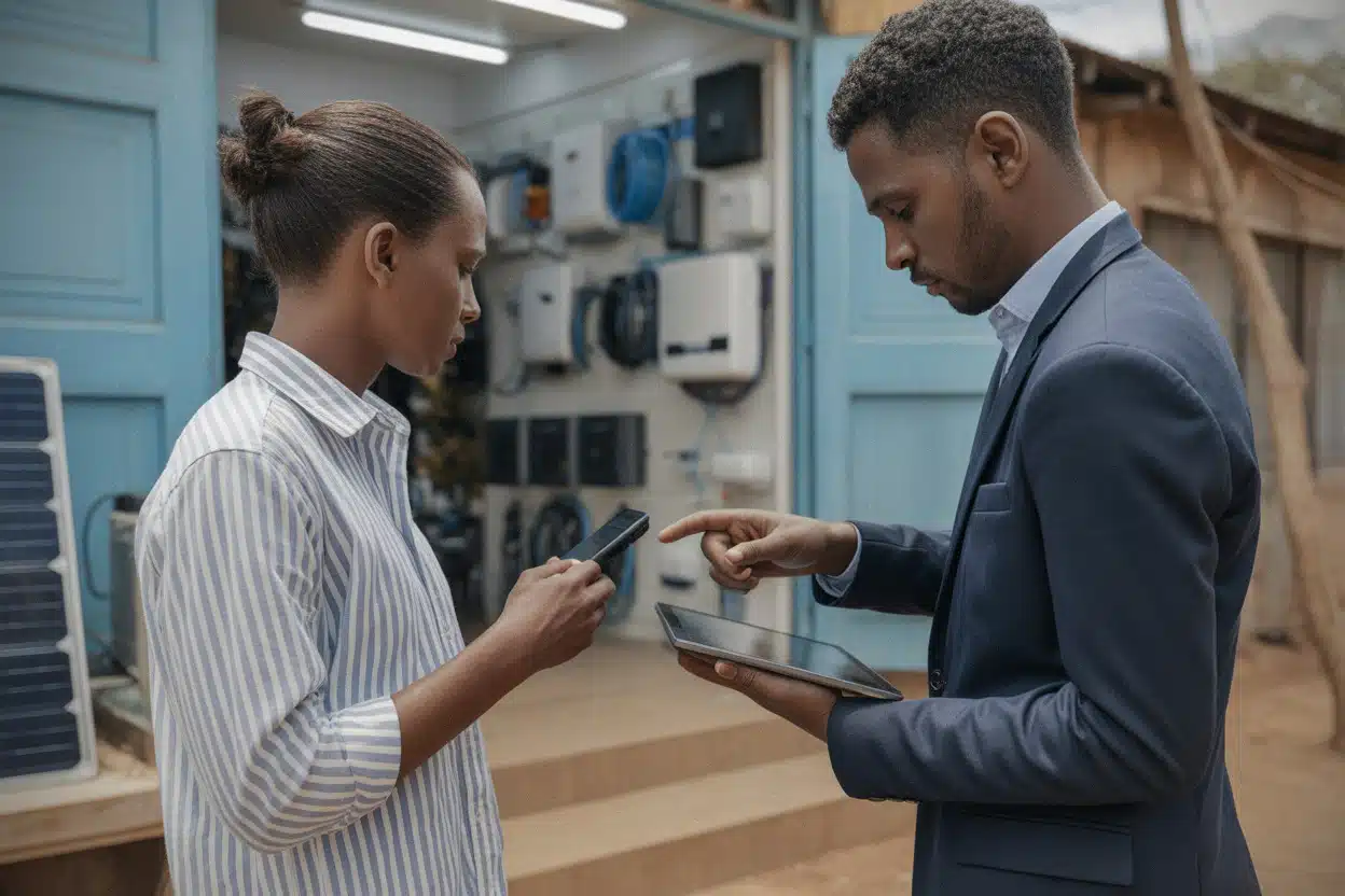 Boutique africaine proposant kits solaires et batteries domestiques