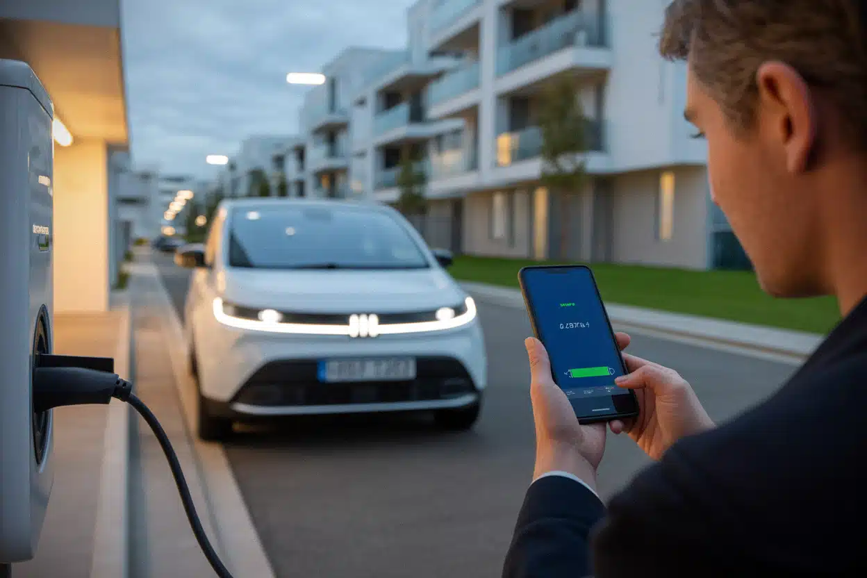 Voiture électrique d’occasion en recharge devant un logement récent