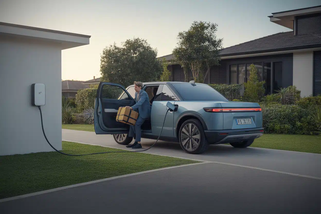SUV électrique compact rechargé à domicile avant un trajet quotidien