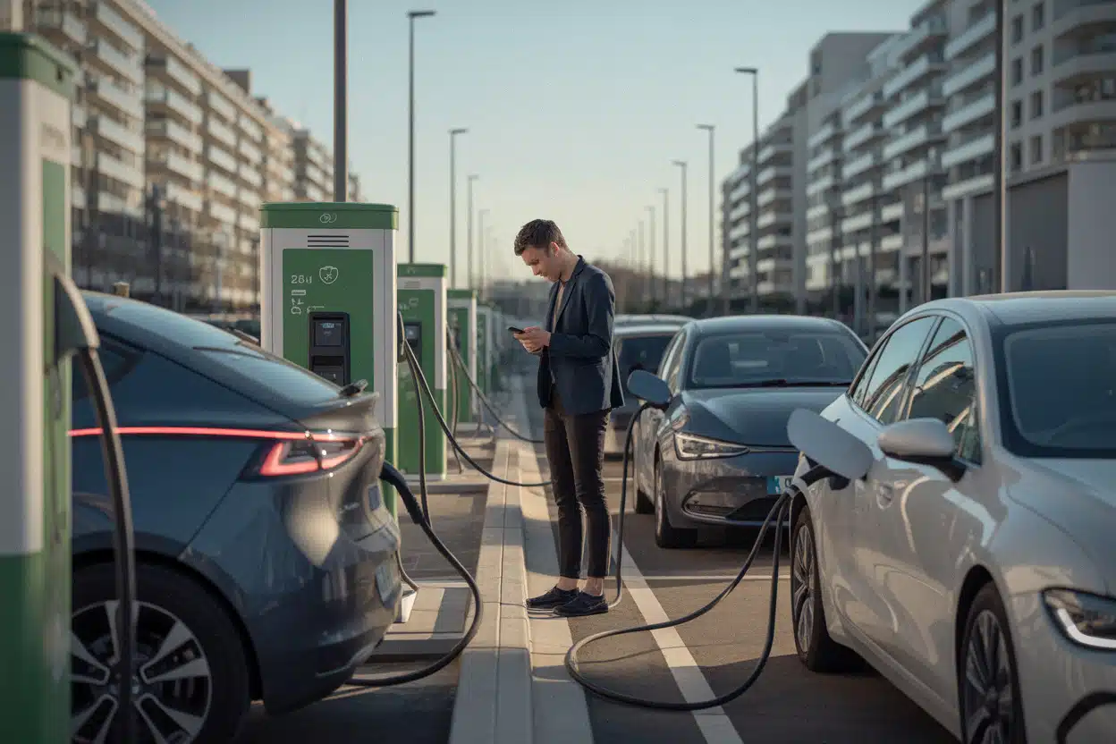 Recharge de voitures électriques sur un parking urbain français récent