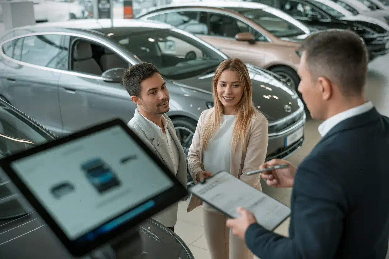 Acheteurs de voiture électrique examinant les aides fiscales