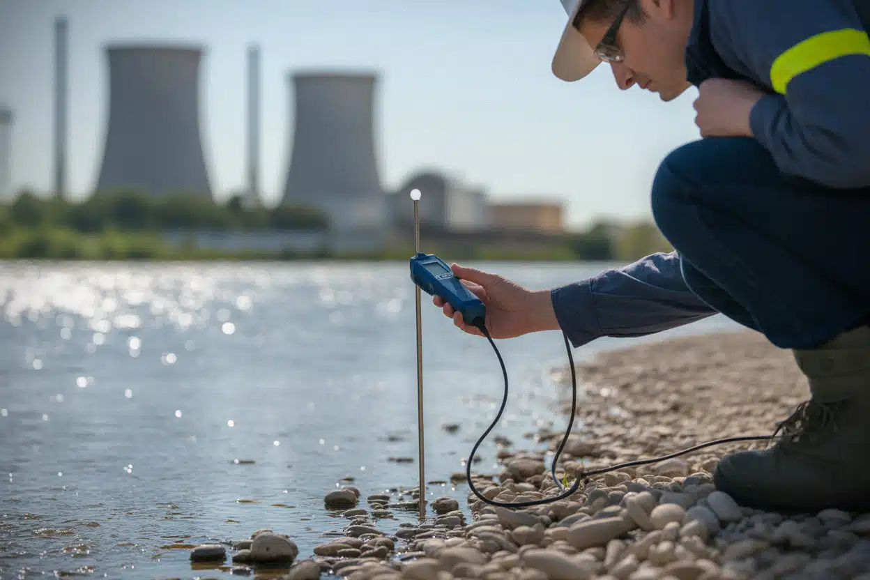Technicien mesurant la température d'un fleuve près d'une centrale nucléaire