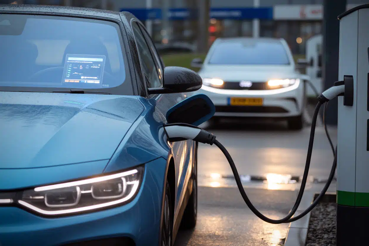 Voiture électrique Tesla en recharge sur borne rapide urbaine
