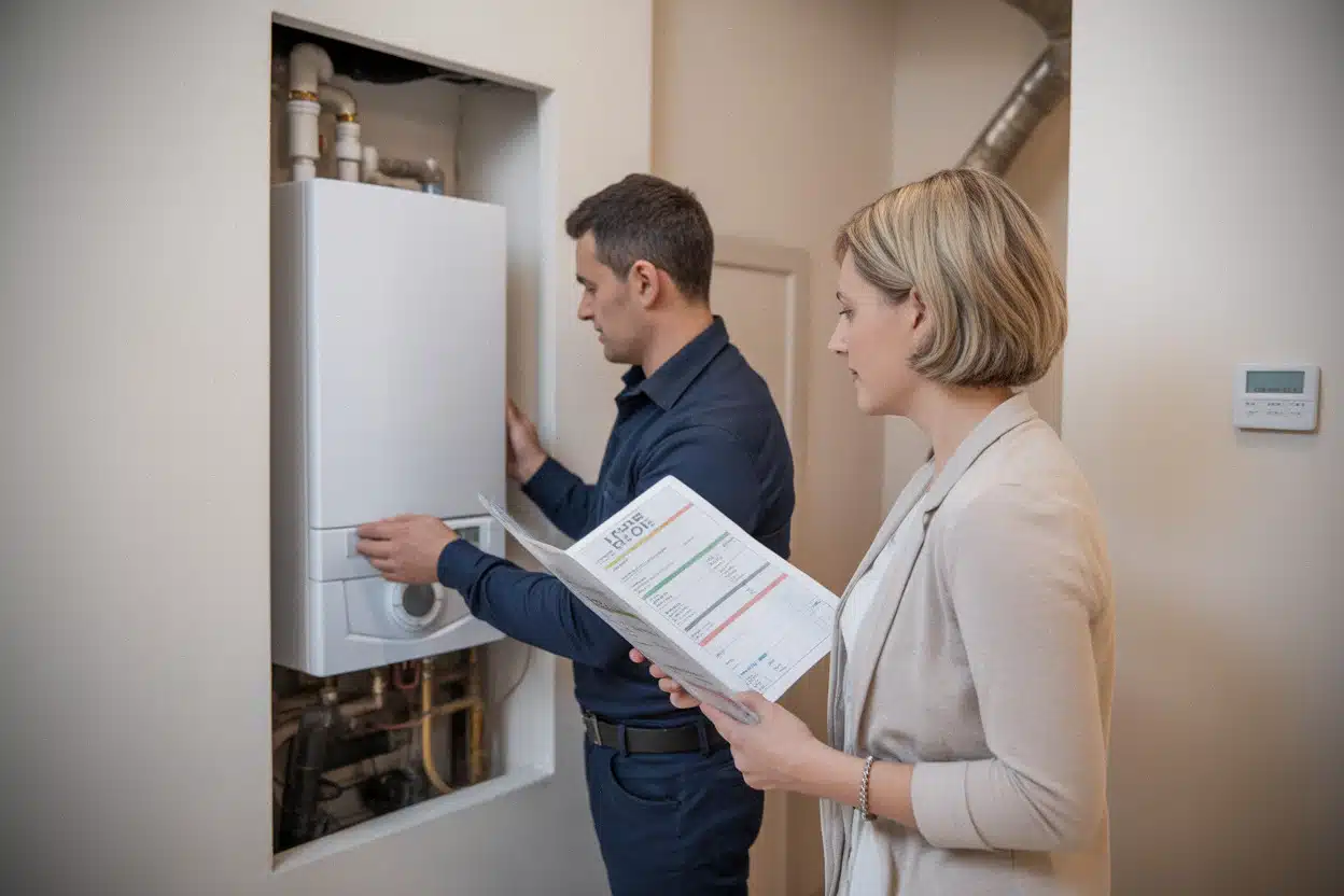 Technicien contrôlant une chaudière gaz dans un logement français récent
