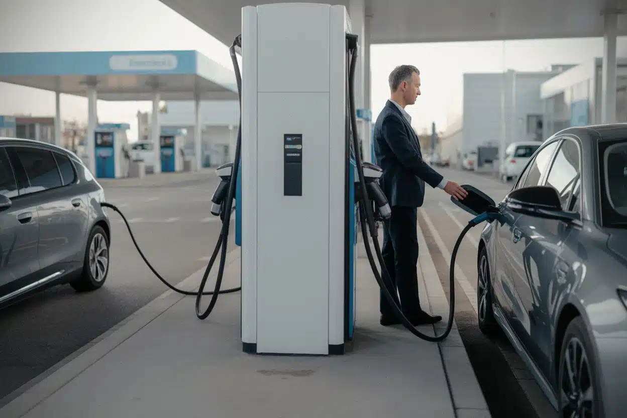 Recharge électrique et station-service illustrant le débat sur la fiscalité automobile