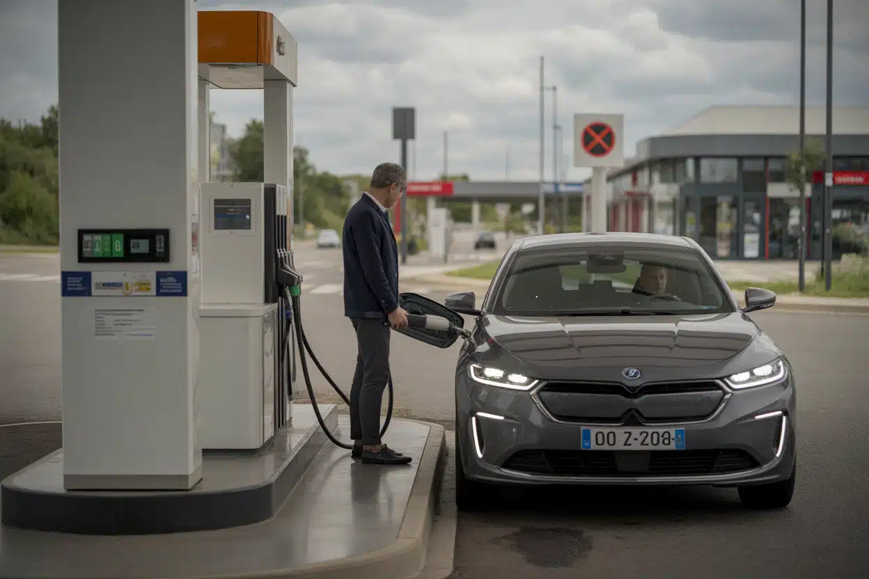 Automobiliste faisant le plein dans une station-service française moderne