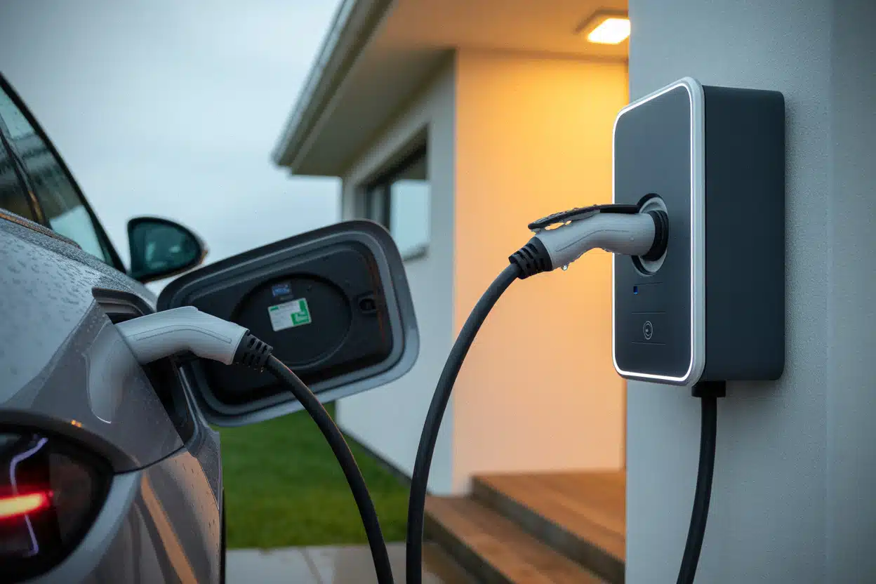 Port de recharge de voiture électrique sous la pluie