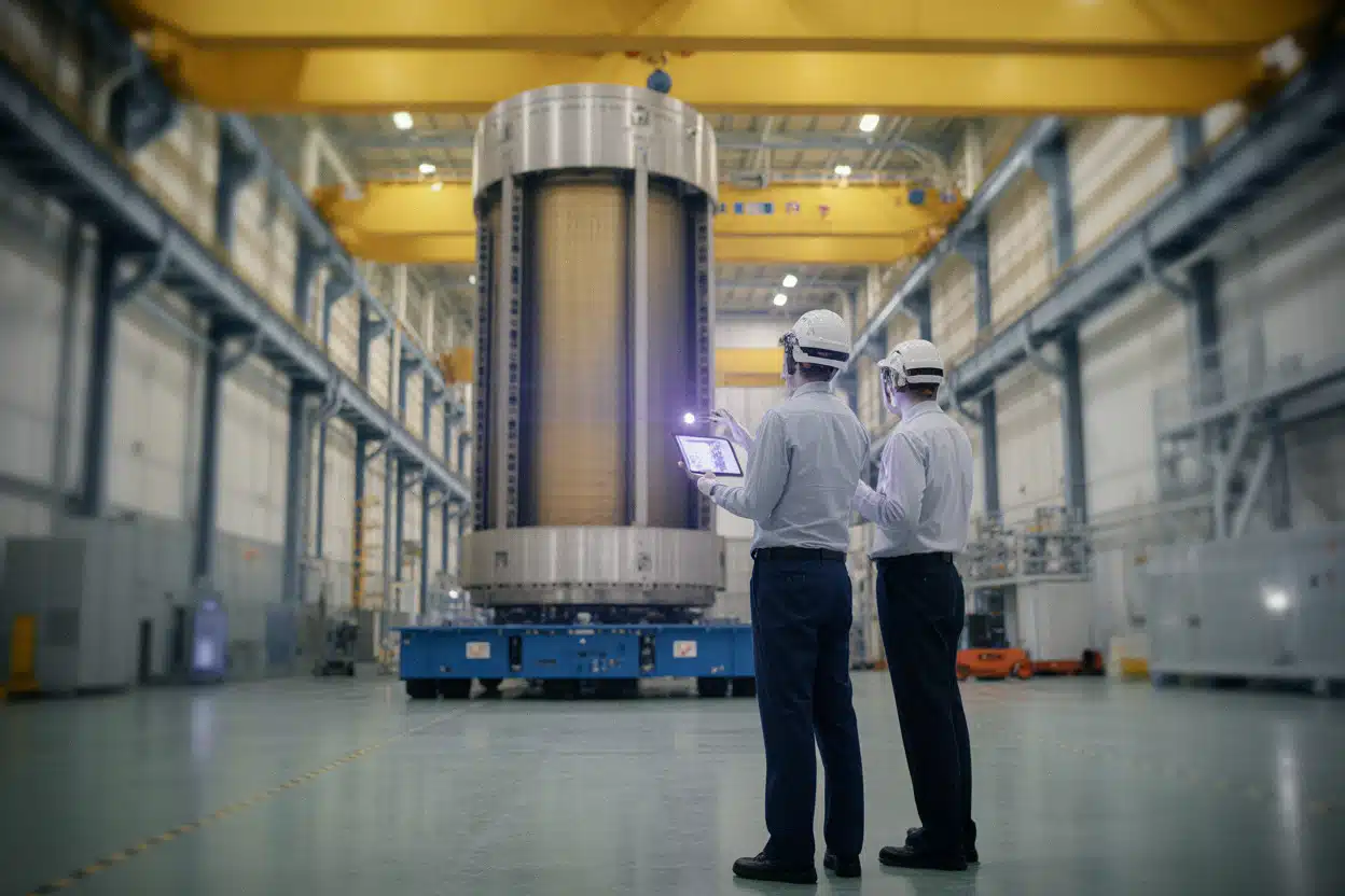 Techniciens inspectant un composant du réacteur à fusion Iter à Cadarache
