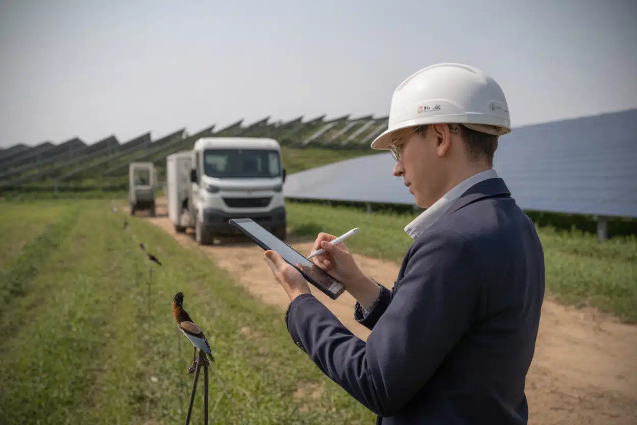 Chercheurs suivant la biodiversité autour d’une centrale solaire chinoise