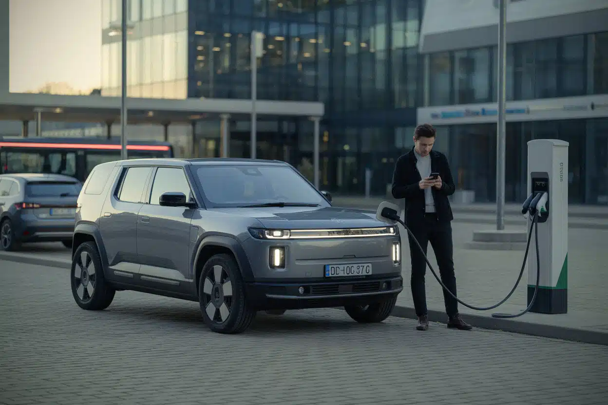 SUV électrique compact en recharge devant une borne moderne européenne