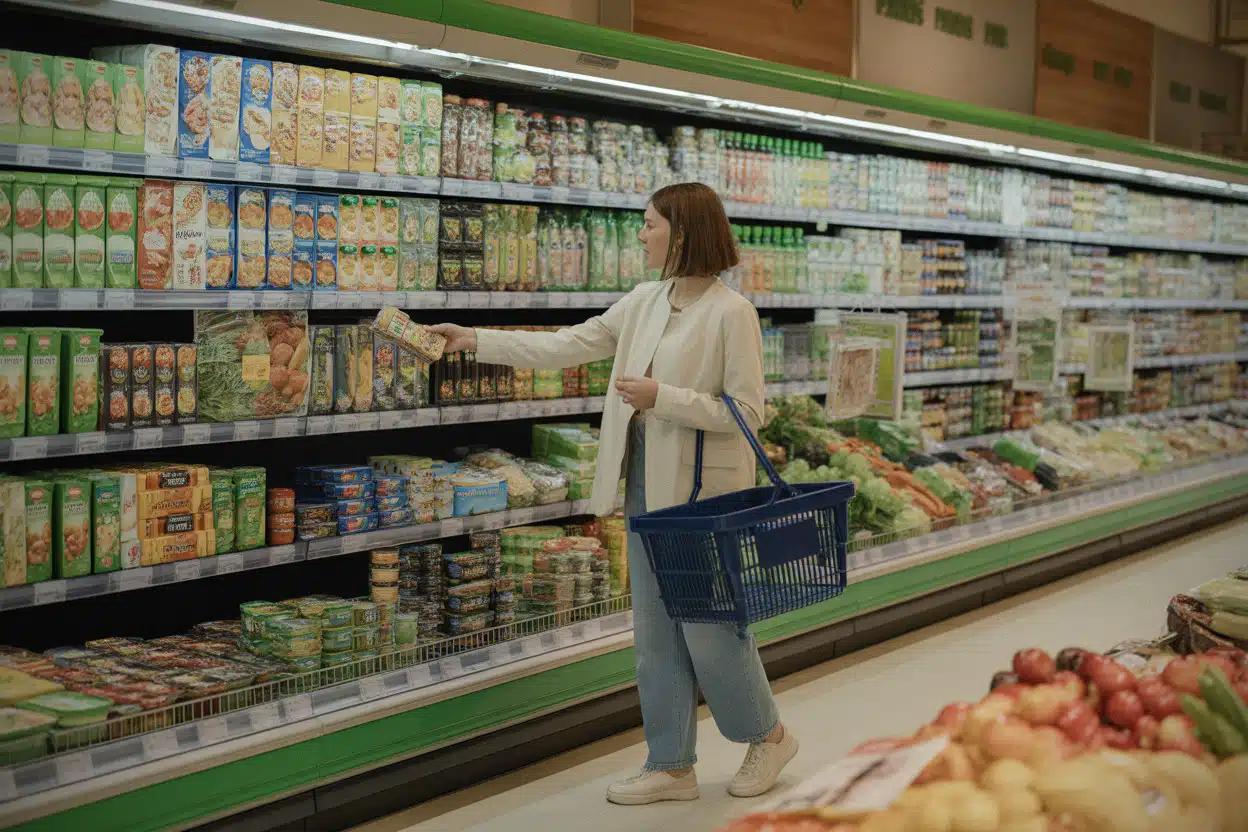 Client comparant des produits alimentaires dans un supermarché français