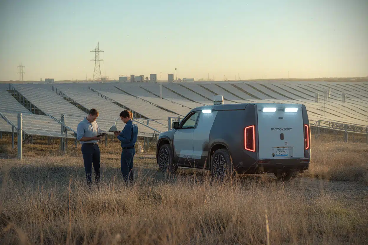 Techniciens inspectant un parc solaire ENGIE au Texas