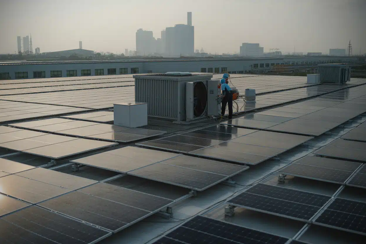 Techniciens inspectant des panneaux solaires sur usine vietnamienne