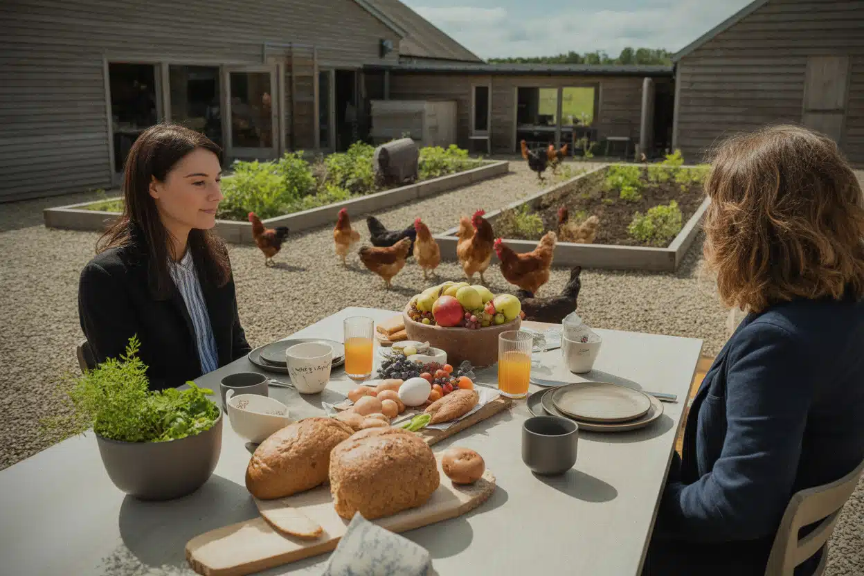 Brunch bio avec produits locaux dans une ferme rurale