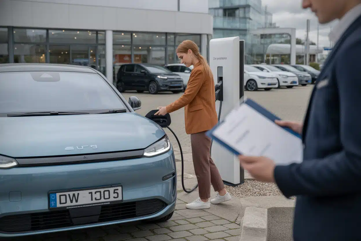 Acheteur vérifiant autonomie et garantie d’une voiture électrique d’occasion