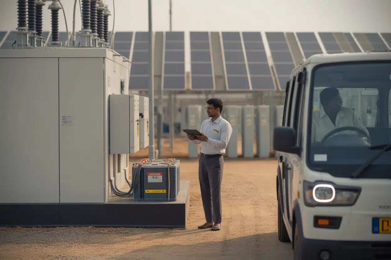 Réseau électrique indien reliant batteries et production solaire renouvelable