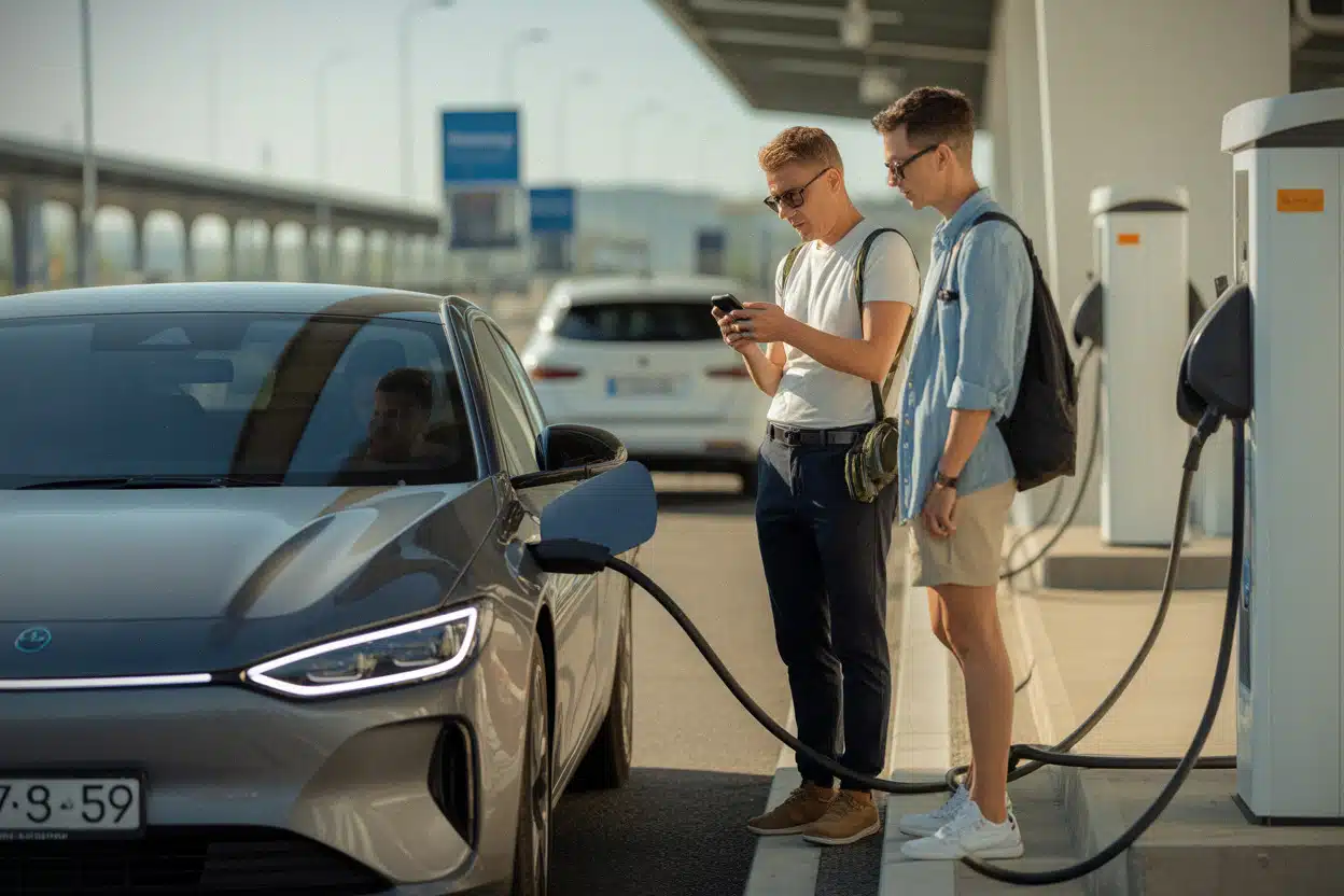 Borne rapide sur autoroute pour un trajet de vacances électrique