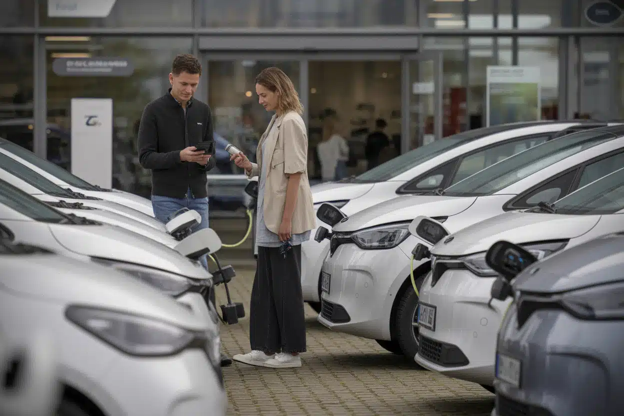 Clients examinant des citadines électriques Volkswagen dans une concession moderne