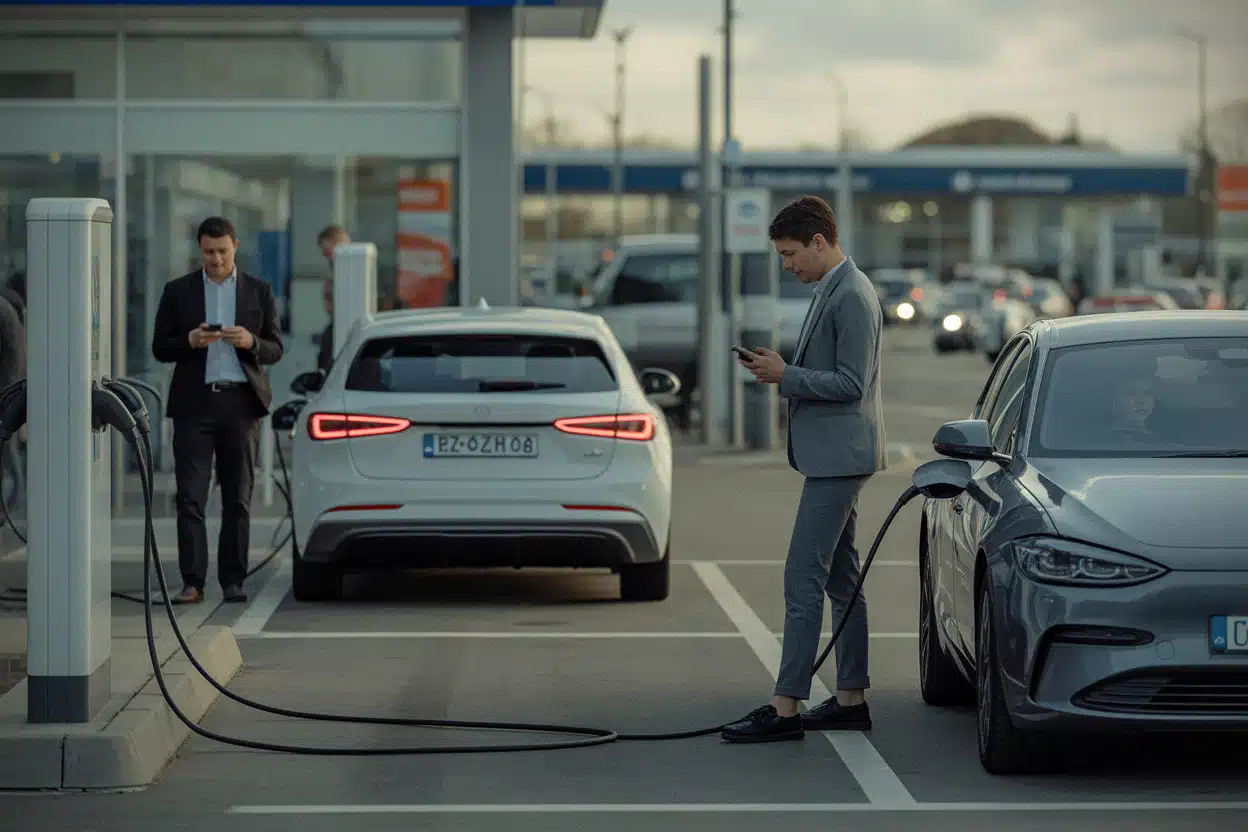 Voitures électriques en charge rapide sur parking de station-service moderne