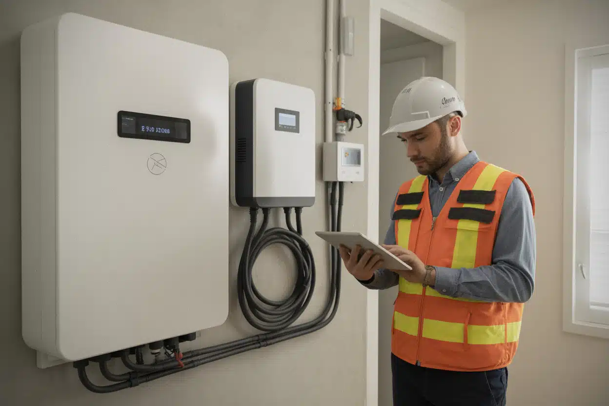 Technicien configurant une batterie solaire avec compteur communicant Linky