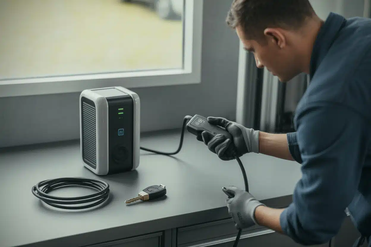 Chargeur mobile Type 2 inspecté dans un garage moderne