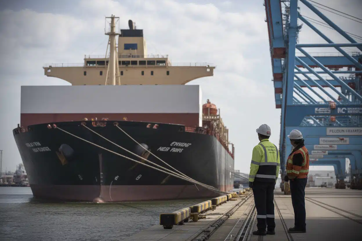 Navire cargo entrant dans un port énergétique américain moderne