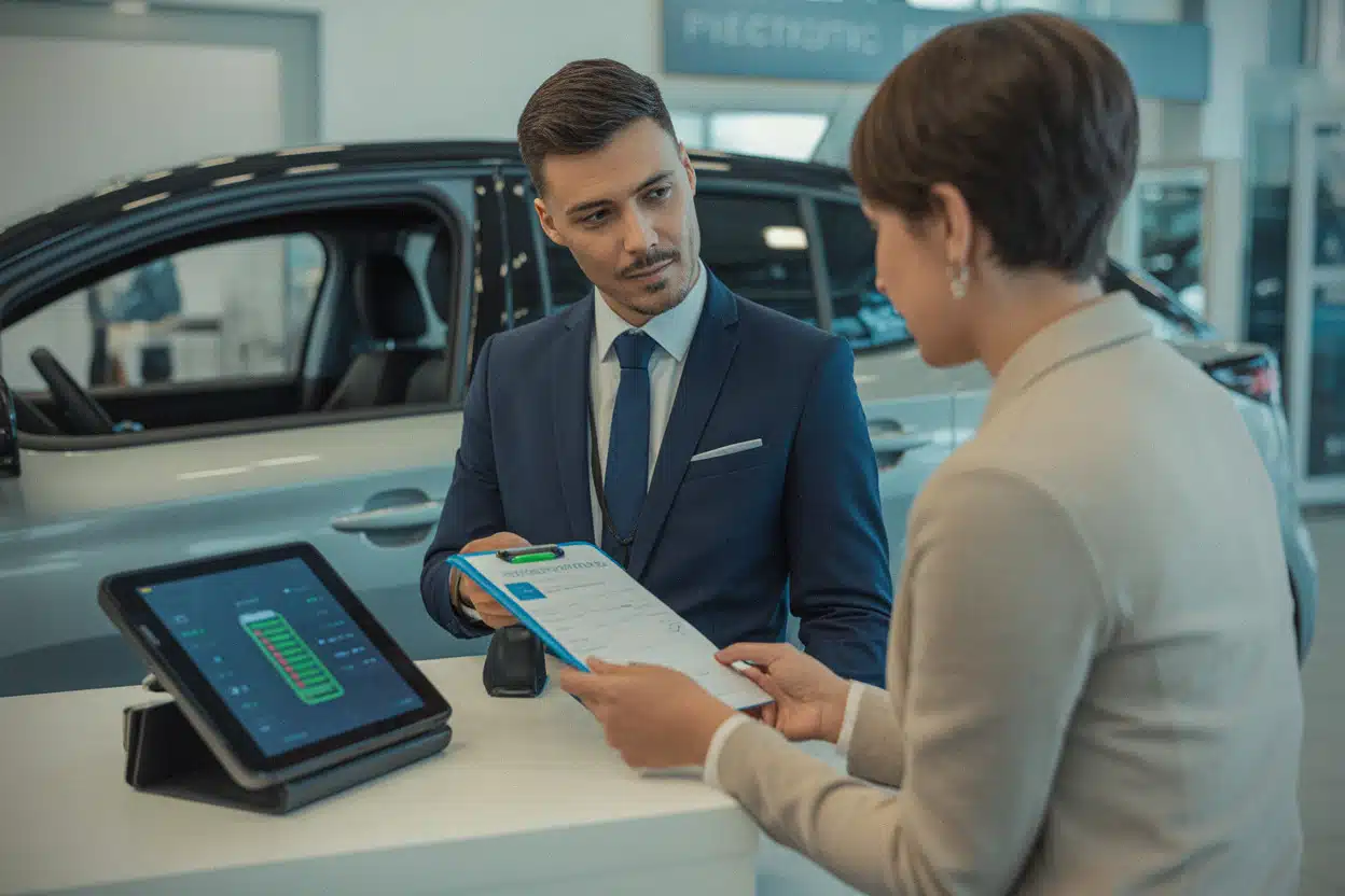 Vendeur vérifiant un dossier d’aide pour véhicule électrique d’occasion