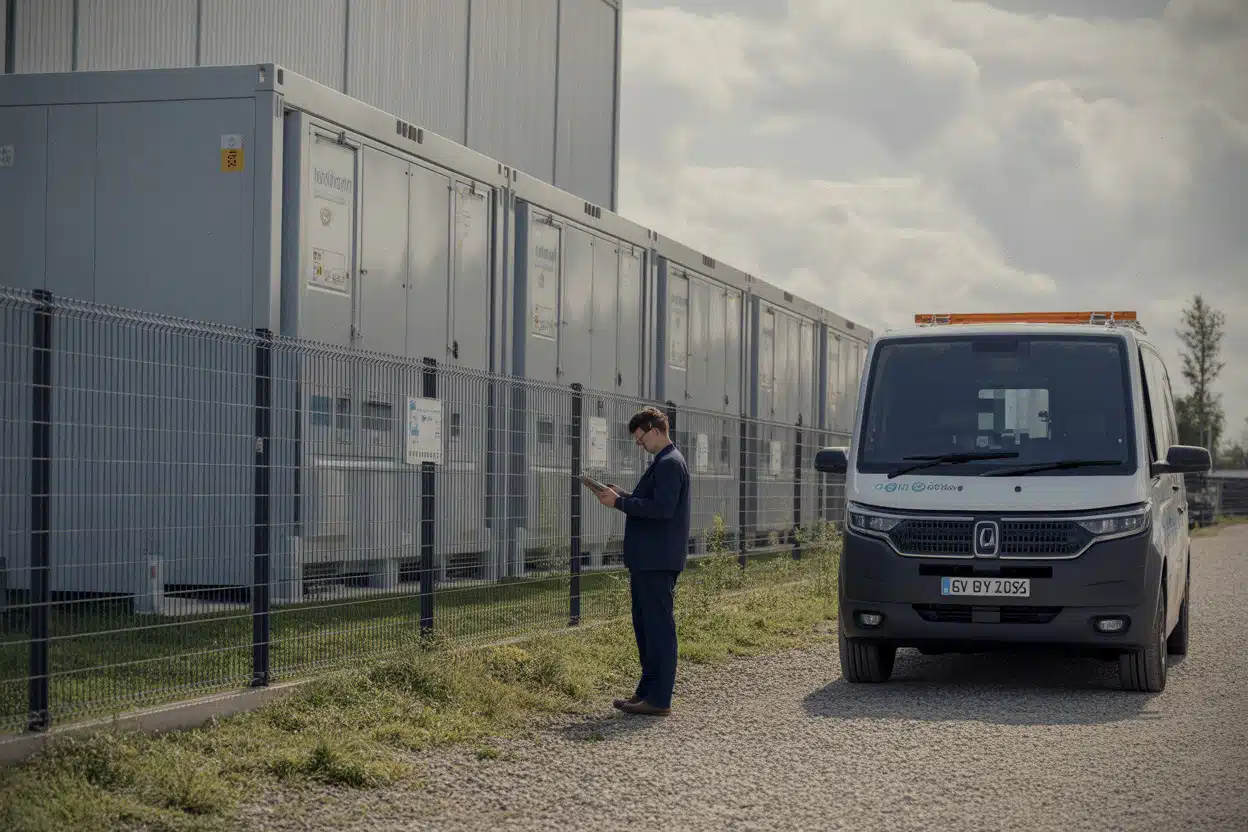 Technicien inspectant des batteries industrielles pour un site SpaceX