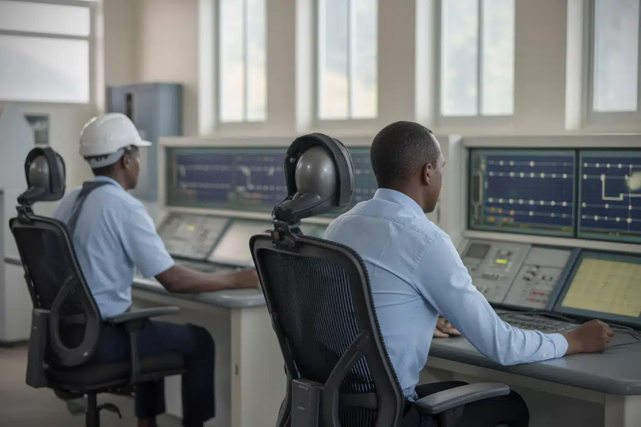 Salle de contrôle du réseau électrique centrafricain et production solaire