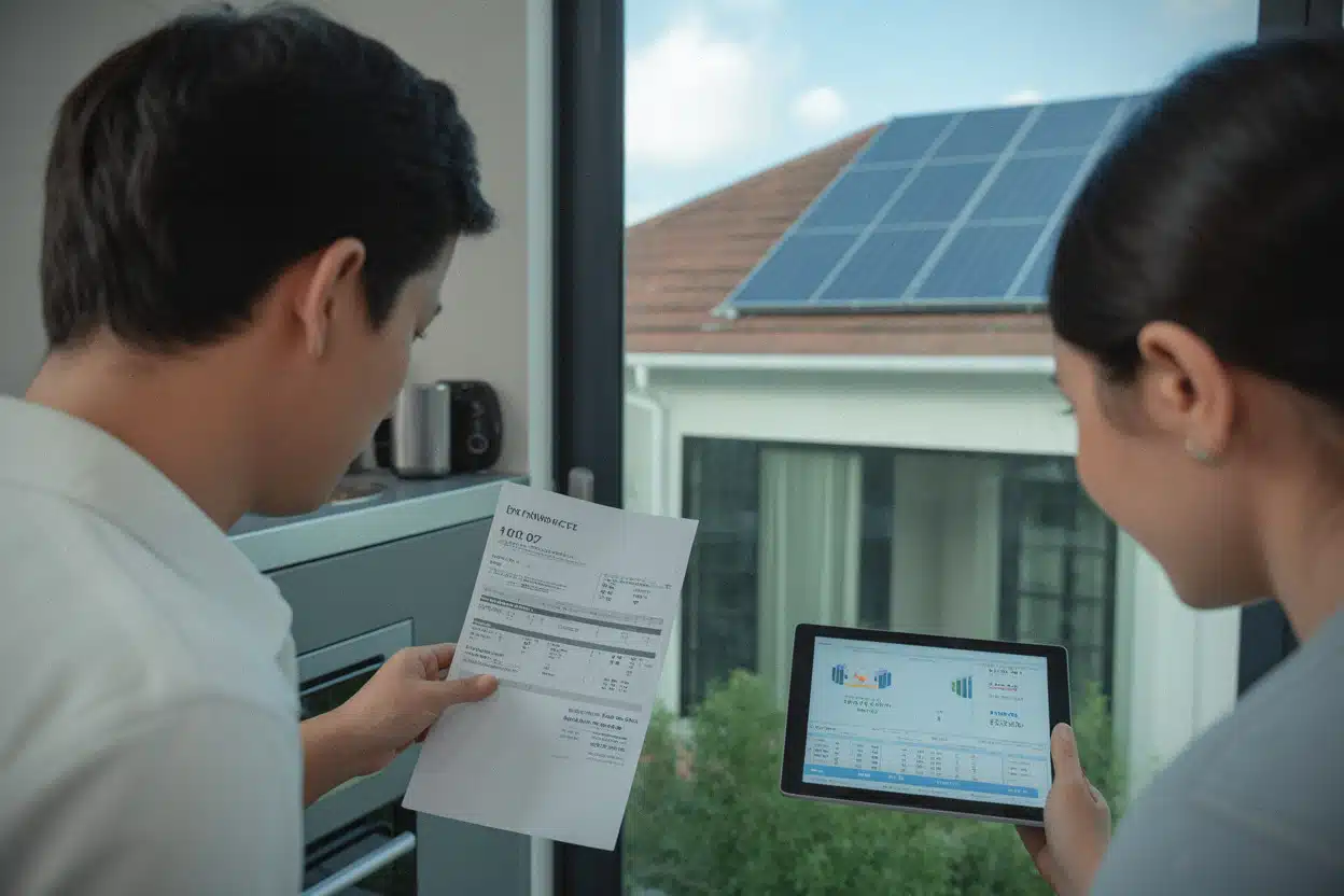 Famille vietnamienne consultant sa facture avec énergie solaire domestique