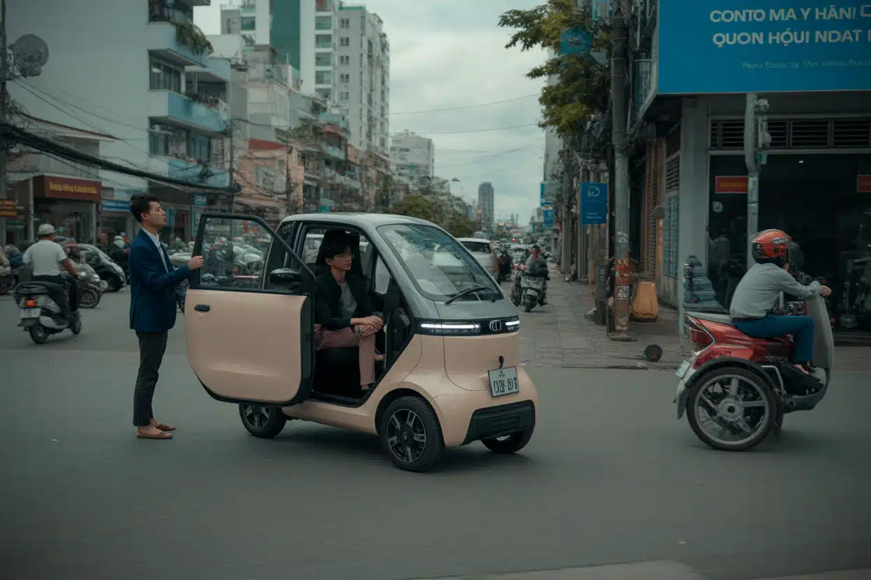 Citadine électrique Nano S05 dans une rue urbaine vietnamienne