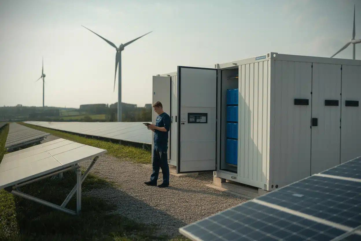 Site de batteries raccordé à des panneaux solaires et éoliennes