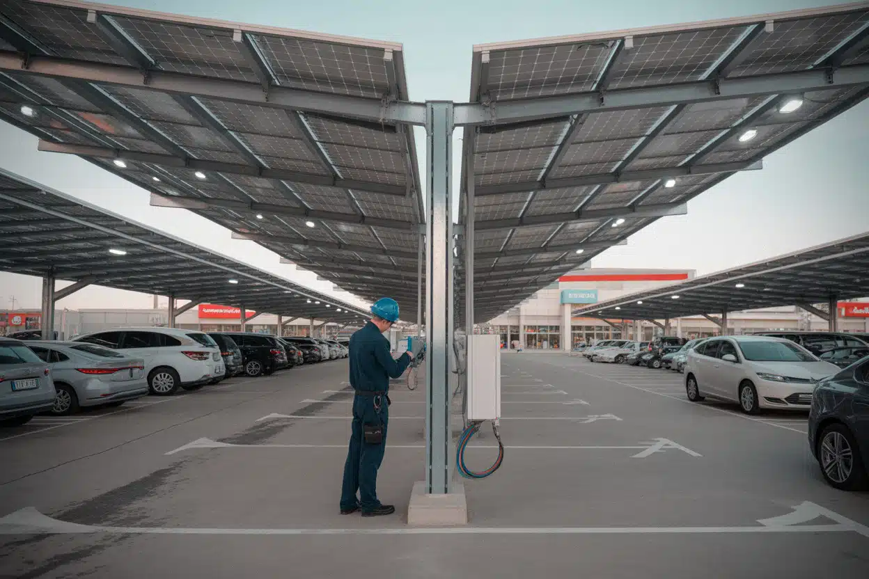 Parking commercial équipé pour respecter la loi APER sur le solaire