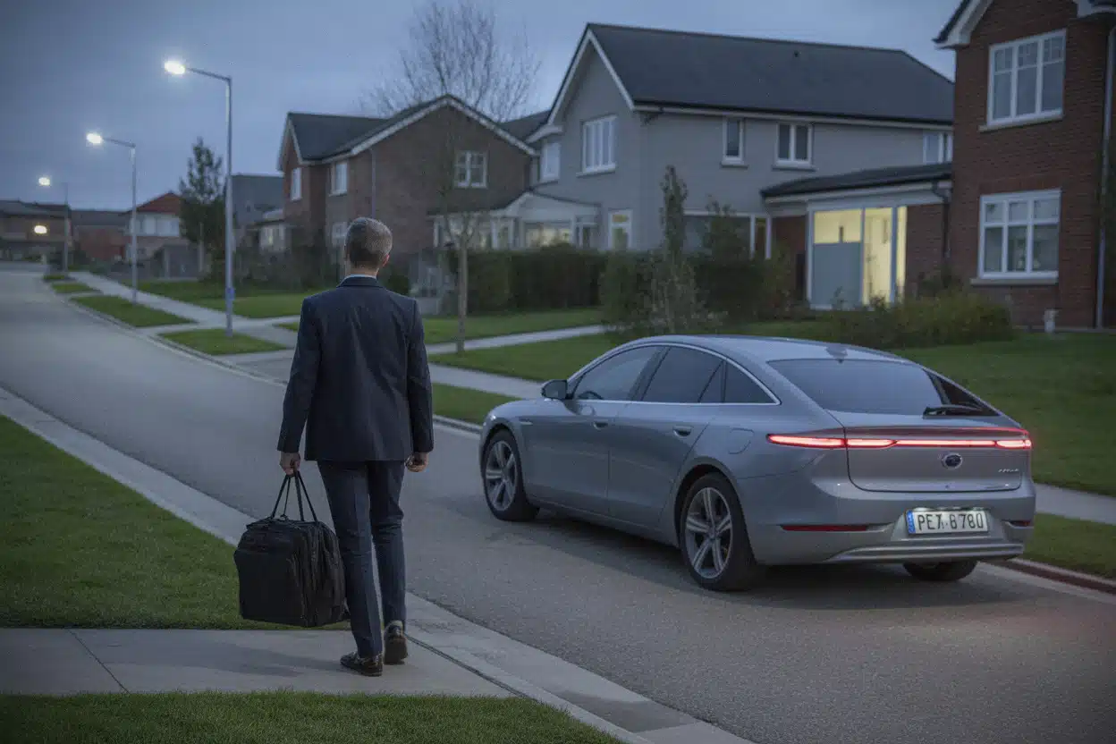 Grand rouleur partant travailler en voiture depuis une zone périurbaine
