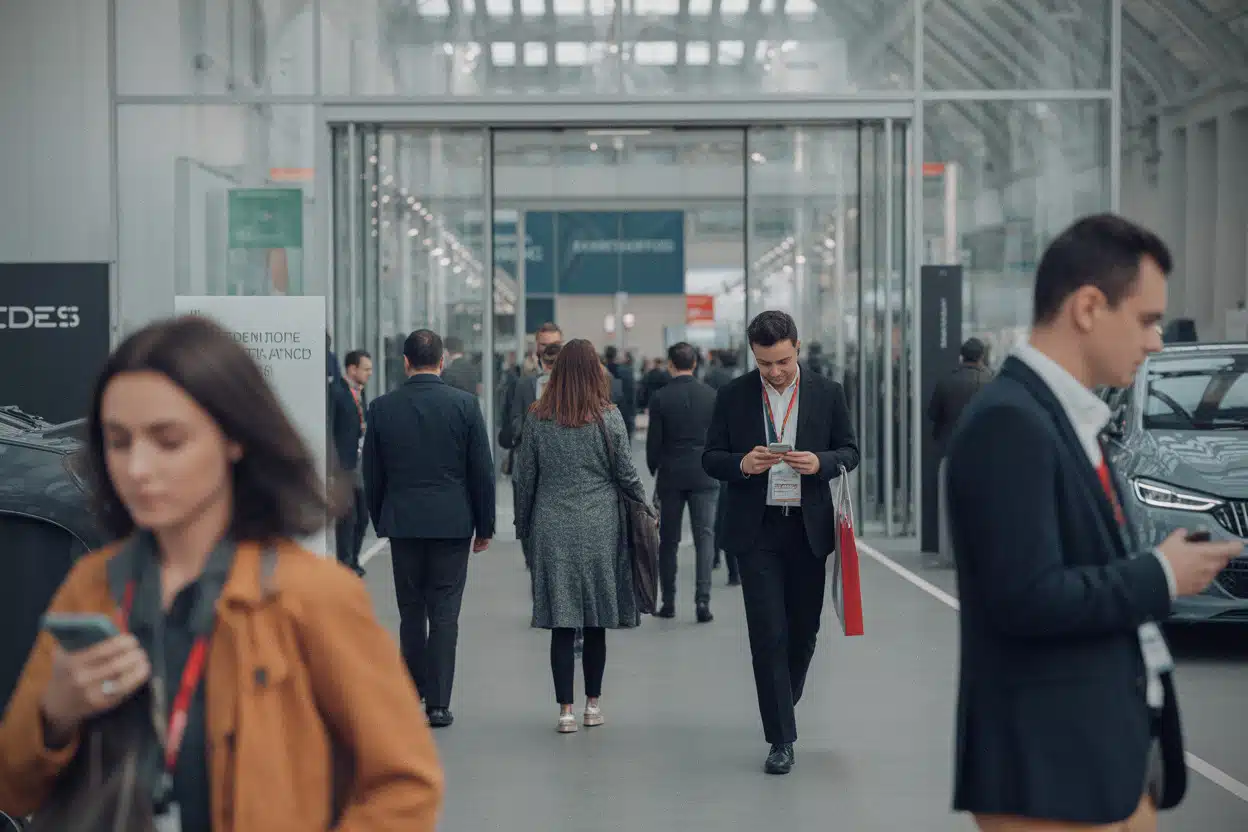 Visiteurs au salon automobile de Paris devant un stand électrique