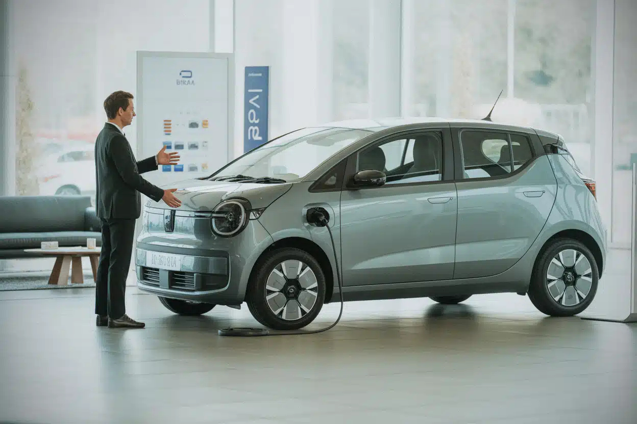 Geely E2 présentée en concession avec batterie et recharge électrique