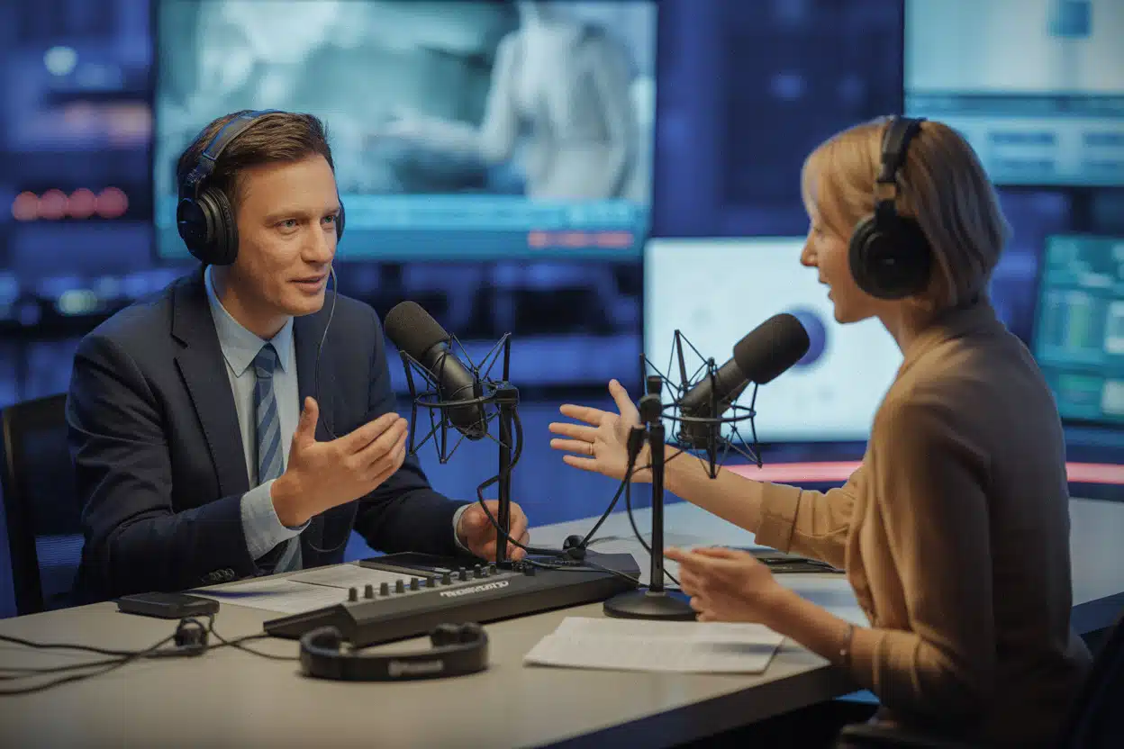 Journaliste tech interrogeant un expert dans un studio contemporain