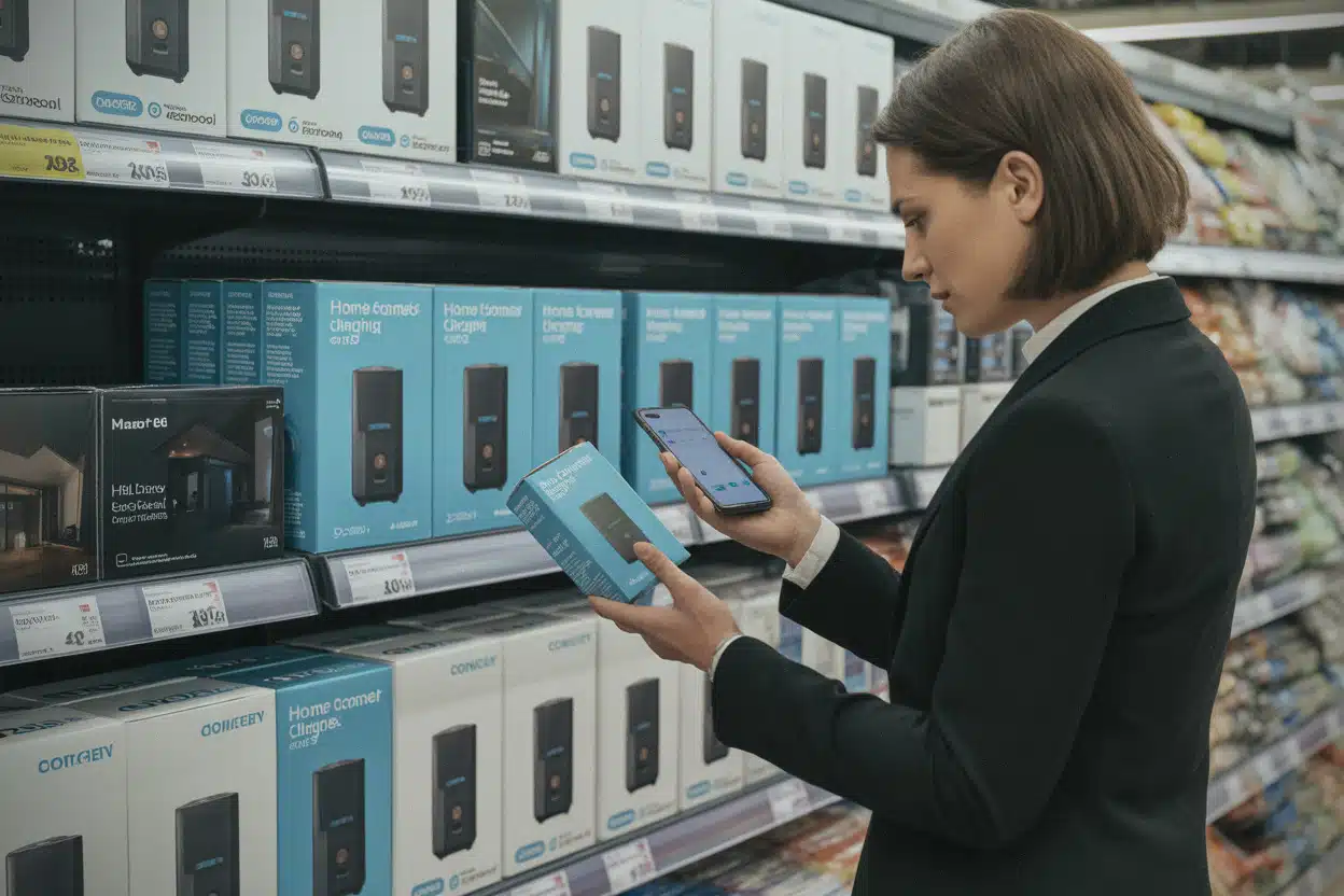 Borne de recharge en promotion dans un rayon de magasin