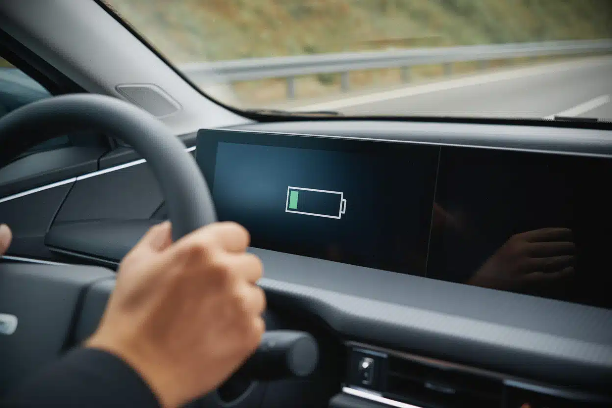 Tableau de bord de voiture électrique avec batterie presque vide