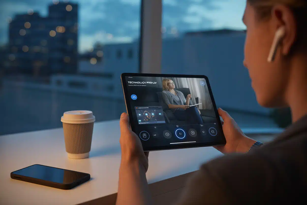 Replay tech consulté sur tablette dans un intérieur moderne