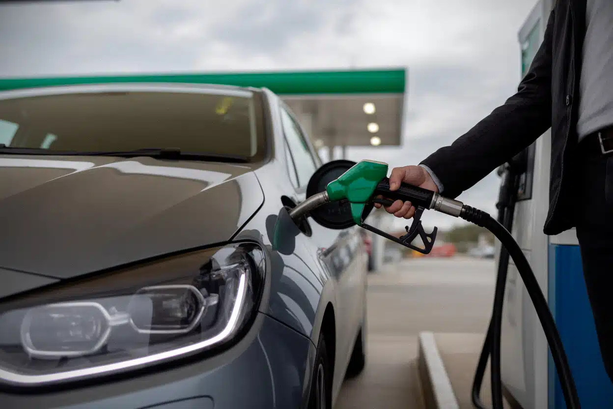 Conducteur faisant le plein face à la hausse du carburant