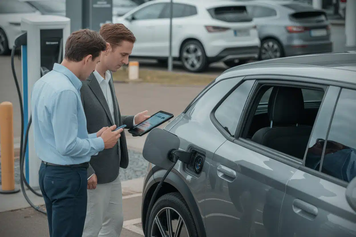 Acheteur consultant le diagnostic batterie d’une voiture électrique d’occasion