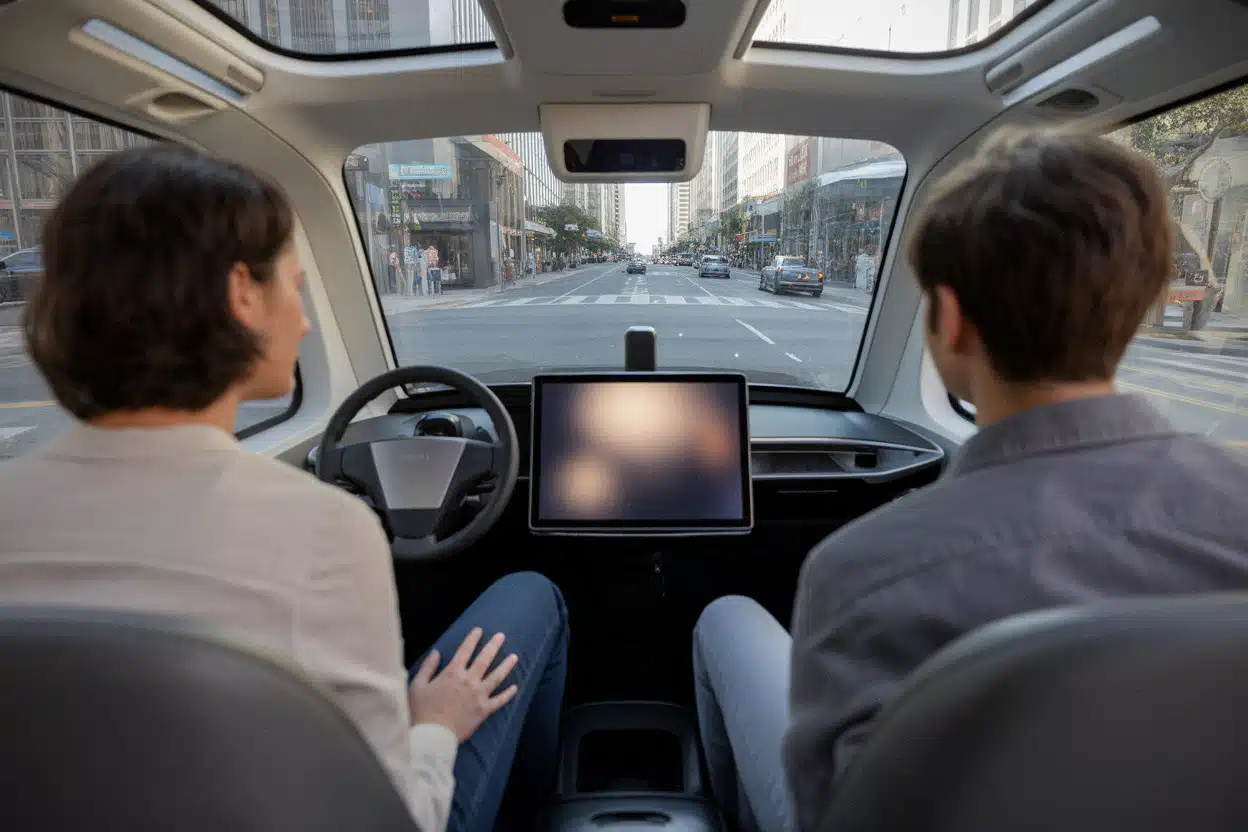 Habitacle du Cybercab sans volant ni pédales pour passagers urbains